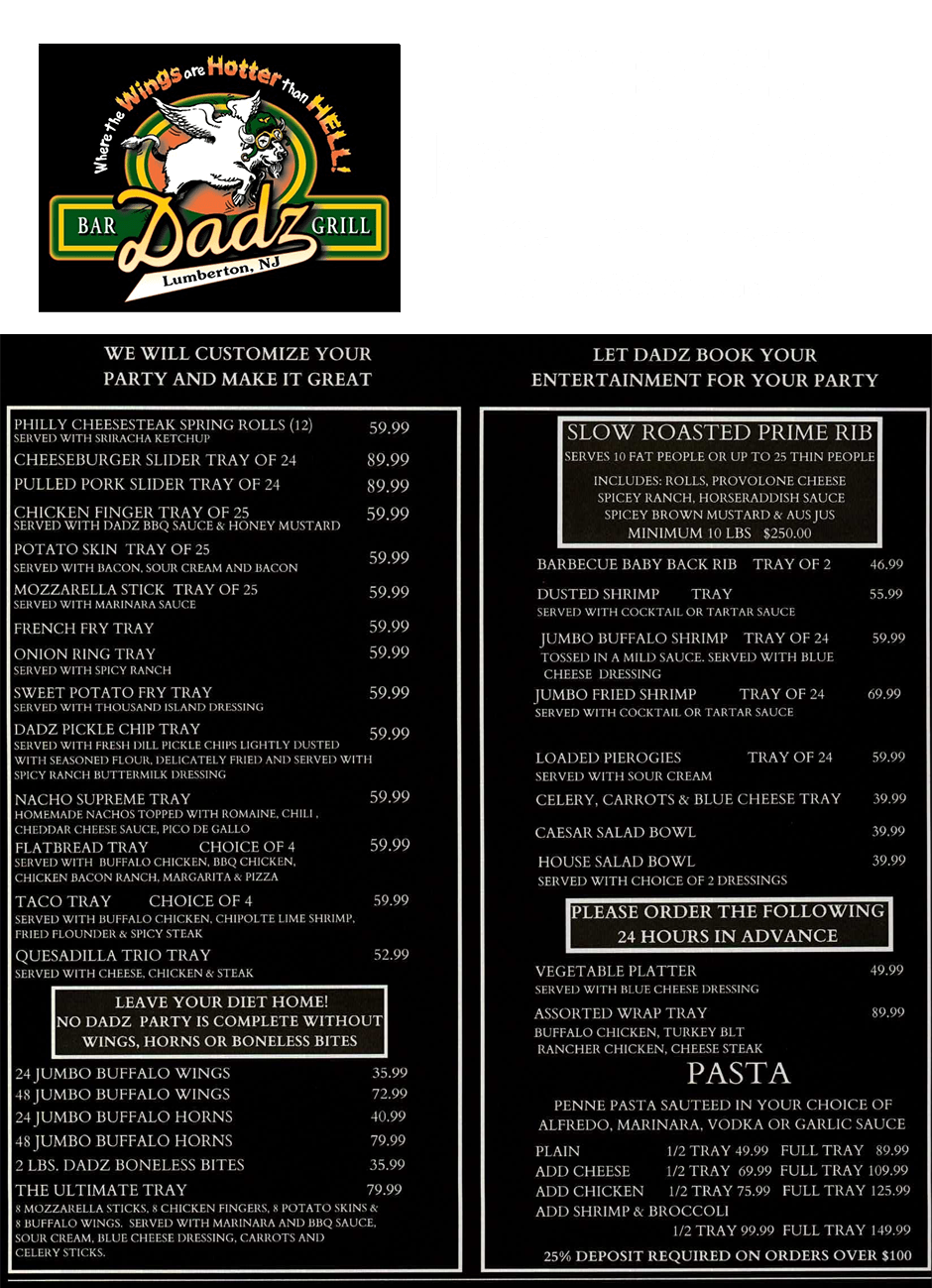 Dadz bar and grill Party Menu
